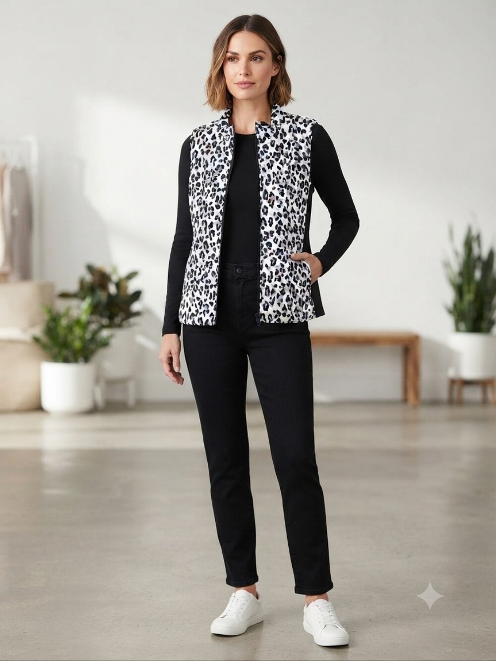 Kim Rogers Quilted Zip Front Leopard Print Vest Size XL Black White Pockets
